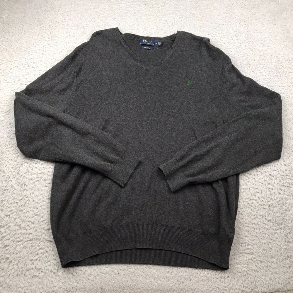Polo Ralph‎ Lauren Sweater Mens L Gray Pima Cotton V Neck Green Pony Pullover
